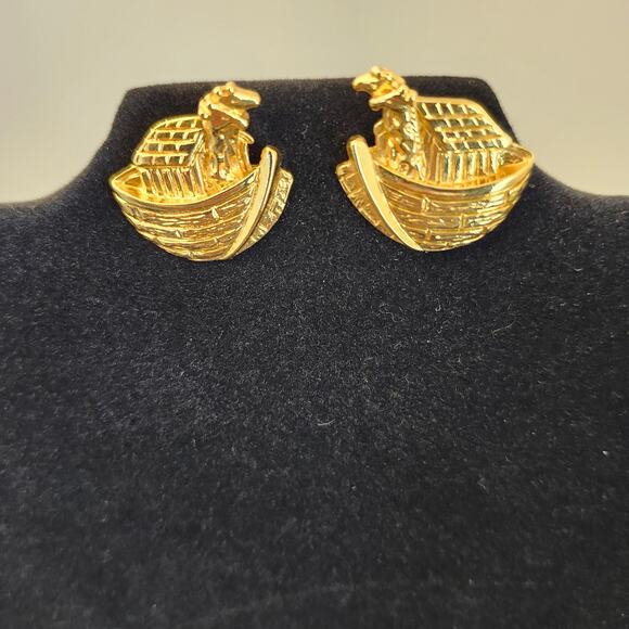 Premier Designs Vintage Lot 4 Pair Earrings Gold Tone Pierced Noah's Ark Oval - Picture 2 of 14